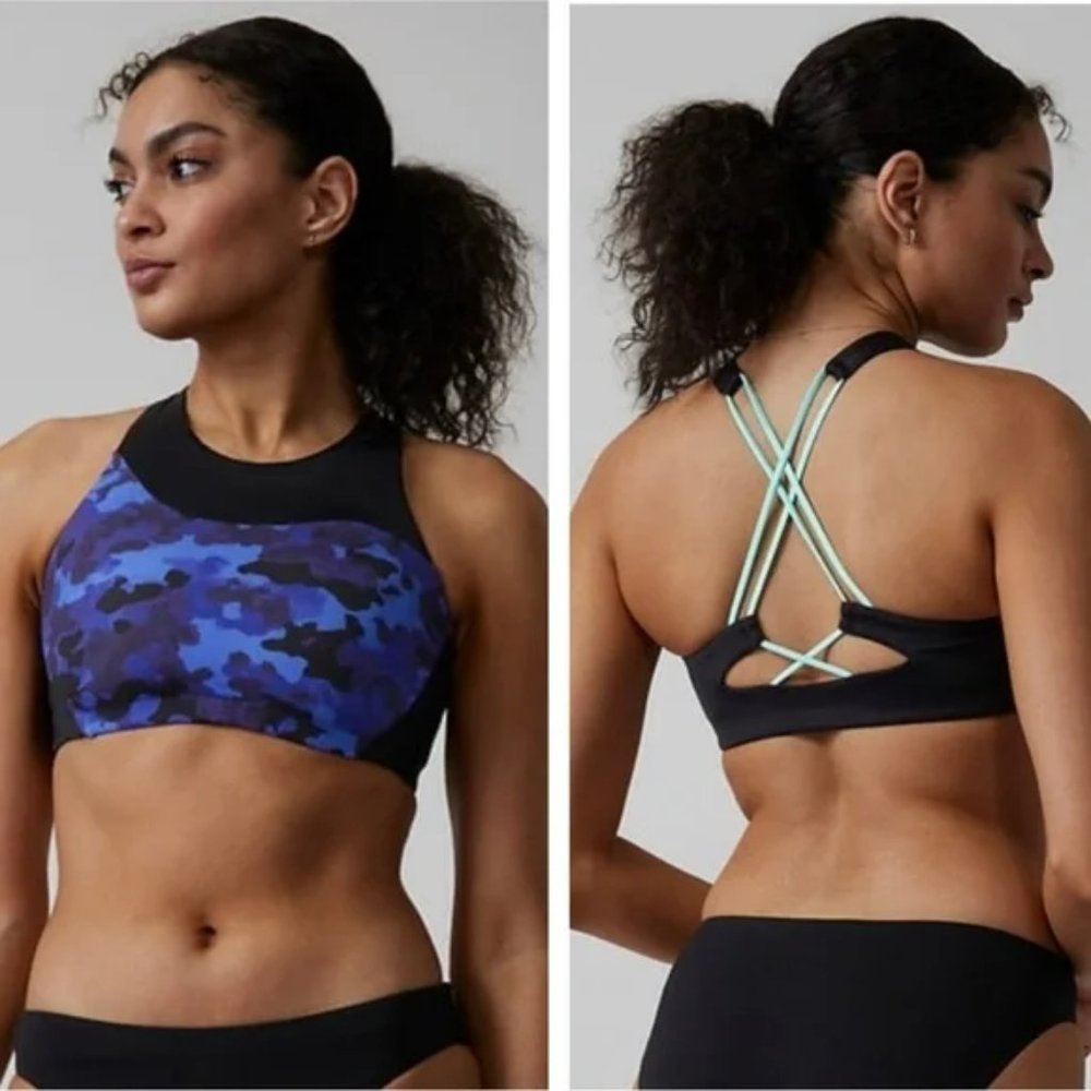 Athleta Black Blue Freestlye Camo High Neck Bikini Top